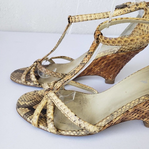 Prada Snake Leather Ankle Strap Woven Raffia Wedge Heel Sandals Size 36.5 Italy - Picture 8 of 16